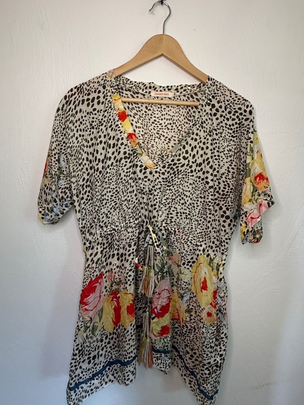 JOHNNY WAS Leopard Pri Tunic Cover Up Kaftan Blouse Silk 100% Size M Relaxed Fit